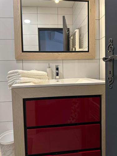 a bathroom with a red drawer and a mirror at Bel Appartement Perrières in Brive-la-Gaillarde