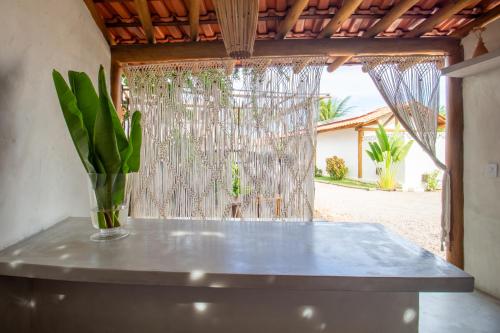 a vase with a plant sitting on a counter with a window at Casa Caroá - Chalé 2 in Japaratinga