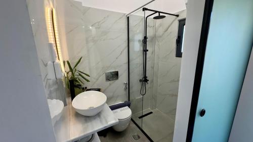 a bathroom with a shower and a toilet and a sink at Salamina Urban Escape C in Paloúkia