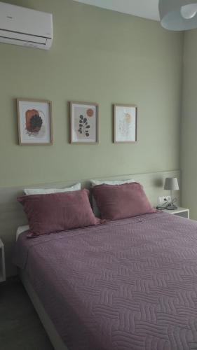 a bedroom with a bed with purple sheets and pictures on the wall at Villa Aias- Private Olive Grove Retreat in Plakias