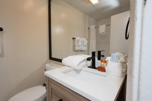 a bathroom with a sink and a toilet and a mirror at Sea View Inn in Old Orchard Beach