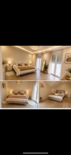 two pictures of a bedroom with two beds in it at Grande Villa de Prestige près de Paris Réunions Familiales, Professionnelles et Événements in Gien