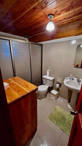 a bathroom with a toilet and a sink and a sink at Jazz House Pucon in Pucón