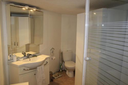 une salle de bain avec un lavabo, des toilettes et une douche dans l'établissement Studio la mésange, à Mers-les-Bains