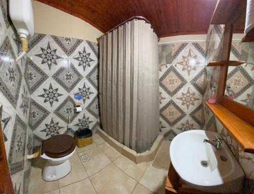 a bathroom with a shower and a toilet and a sink at La Tata en Yvera in San Miguel