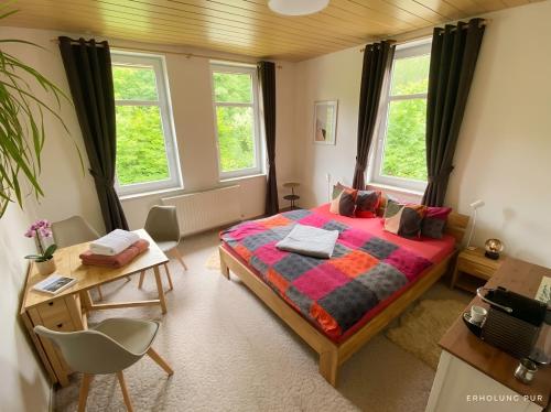 a bedroom with a large bed and two windows at Pension Waldfrieden in Thale