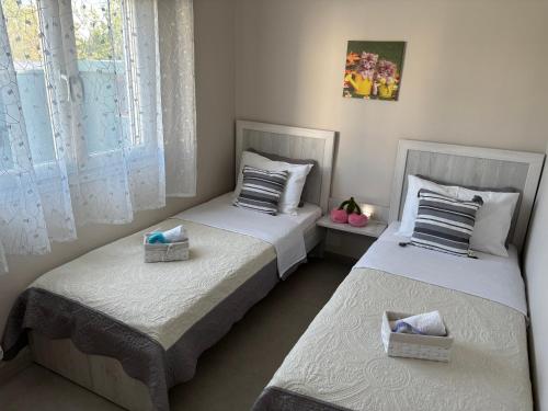 two twin beds in a room with two windows at Dream Summer House in Nea Kallikrateia