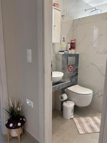 a white bathroom with a toilet and a sink at Dream Summer House in Nea Kallikrateia