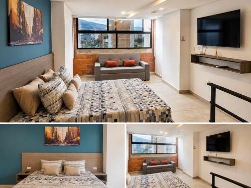 a living room with a bed and a tv at Laureles Premium Loft con Jacuzzi Privado in Medellín