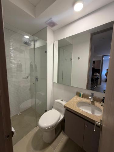 a bathroom with a toilet and a sink and a shower at Espectacular alojamiento in Gaira