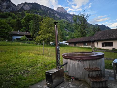a wood stove in a yard with mountains in the background at Gruppenhaus Braz in Innerbraz