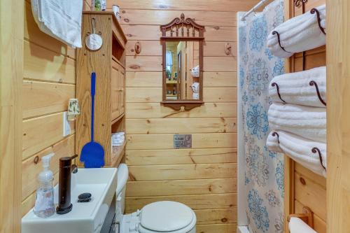 a bathroom with wooden walls and a toilet and a sink at House & Tiny Cabin! Multi-Acre East TN Property in Englewood