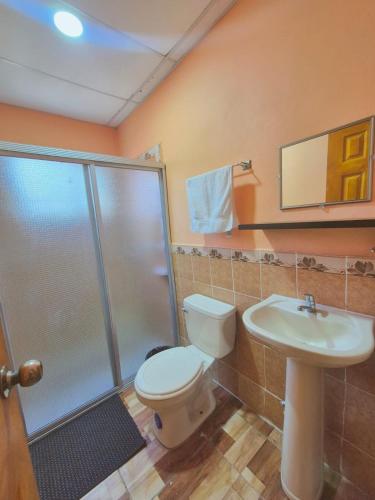 a bathroom with a toilet and a sink and a shower at Hostal la Majada la Vida es Bella in San José La Majada