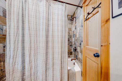 a bathroom with a shower curtain and a toilet at 219 Old Ark Road in Wilmington