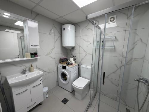 a bathroom with a toilet sink and a washing machine at Central Apartments Kukoski Near Lake & Old Town in Ohrid