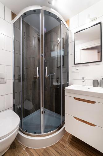 a bathroom with a shower and a toilet and a sink at Pokój - Nad Zatoką in Jastarnia