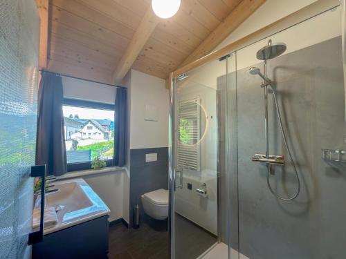 a bathroom with a shower and a toilet and a sink at Obermöschach 1A in Lake Pressegg