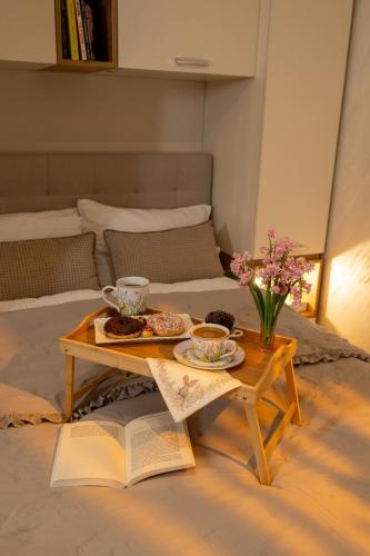 a coffee table with two plates of food and a book at MB APARTMAN TARA in Kaludjerske Bare
