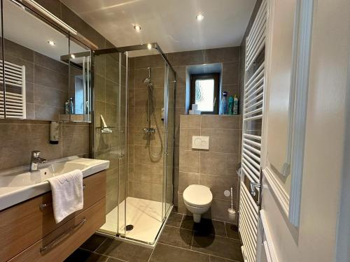 a bathroom with a shower and a toilet and a sink at Chalet with Mountain View in Piesendorf