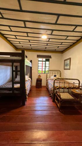 a room with four bunk beds and a wooden floor at Eco Finca El Regalo in Salento