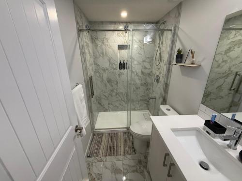 a bathroom with a shower and a toilet and a sink at Charming 1Bd Basement Suite with Private Entrance in Calgary