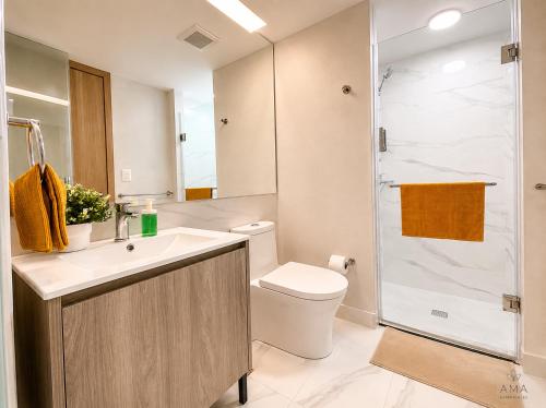 a bathroom with a toilet and a sink and a shower at Comfortable Central Apartment in Santo Domingo