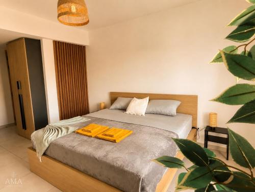 a bedroom with a bed with a tray on it at Comfortable Central Apartment in Santo Domingo