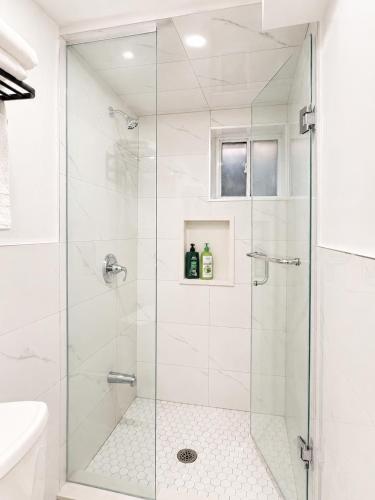 eine Dusche mit Glastür im Badezimmer in der Unterkunft TononHouse in Toronto