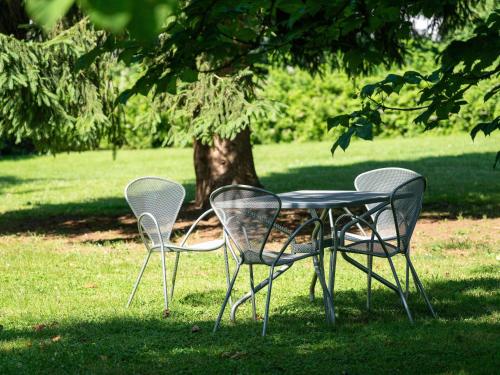 three chairs and a table in the grass near a tree at Novotel Macon Nord - Porte de Bourgogne in Mâcon