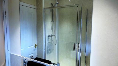 een douche met een glazen deur in de badkamer bij Kelpies Serviced Apartments - Wallace in Falkirk
