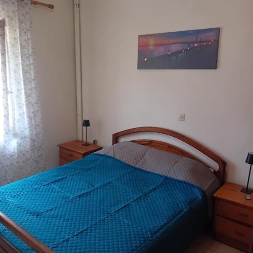a bedroom with a bed with a blue comforter at Family garden house in Limenas