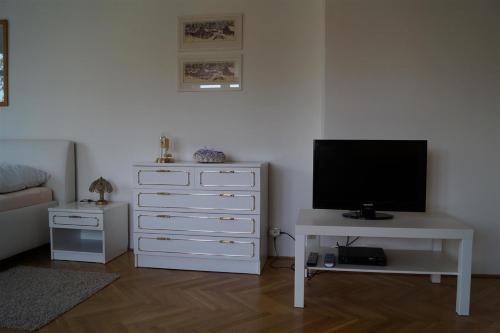 布勞莫夫的住宿－Apartmán u stadionu，一间带电视和白色梳妆台的客厅