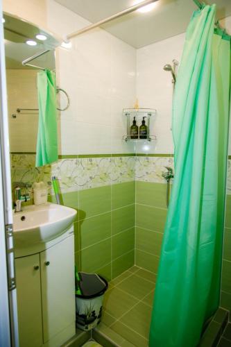 a bathroom with a green shower curtain and a sink at P51 Central - Modern 2 Bedroom Apartment in Stara Zagora