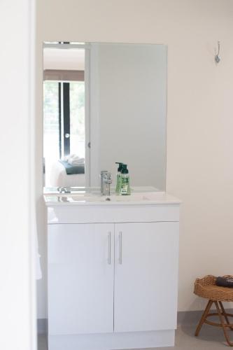 a bathroom with a white sink and a mirror at the Lodge farm house in Hindmarsh Valley