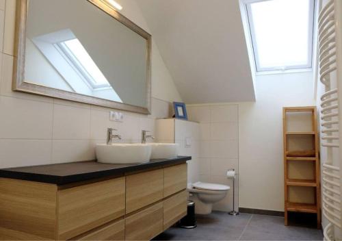 a bathroom with a sink and a mirror and a toilet at 6-Personen-Fewo in Buchholz
