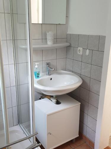 a bathroom with a sink and a mirror at Ferienhaus mit Pool am See in Malchow