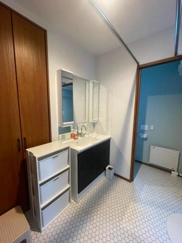 a bathroom with a sink and a mirror at Hotel Ji ホテル時 in Furano