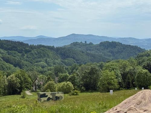 a cow statue in a field with mountains in the background at Wilcza Osada Wellness Resort in Wilcza