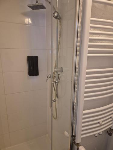 a bathroom with a shower with a glass door at Ferienwohnung Selb in Selb