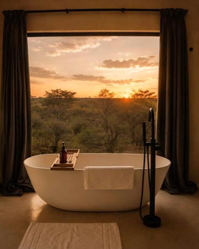 a bath tub in a bathroom with a large window at Sanyati Villa in Mmukubyane