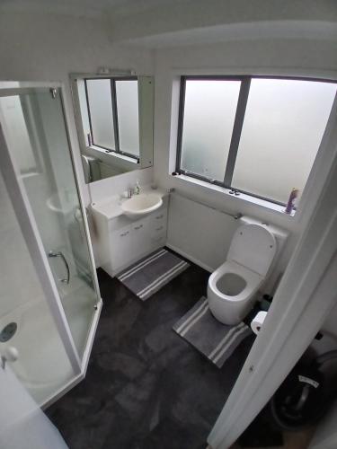 a bathroom with a toilet and a sink and a shower at Modern Home in Central Location in New Plymouth