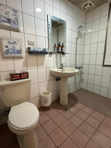 a bathroom with a toilet and a sink at 旅人路過時民宿 in Hsi-lo