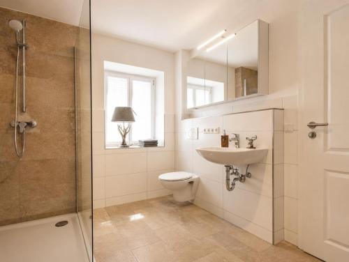 a bathroom with a toilet and a sink and a shower at Guade Stub'n Franzi in Huglfing