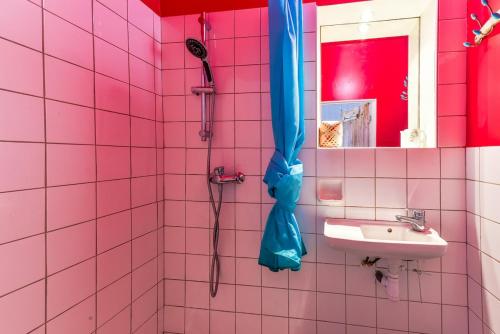 a pink tiled bathroom with a shower and a sink at Cool charming appartment in historic forcalquier in Forcalquier