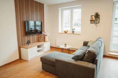 a living room with a couch and a tv at Apartmány u Jeníka in Děčín