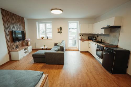 a living room with a couch and a kitchen at Apartmány u Jeníka in Děčín