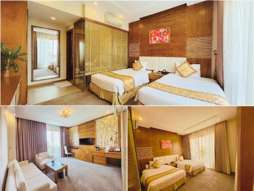 two pictures of a hotel room with two beds at Palm Hotel Thanh Hoa in Thanh Hóa