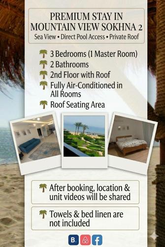 a flyer for a resort on the beach at Mountain View Sokhna 2, Sea and Pool view, 3 bedrooms, Penthouse with Roof- Families ONLY in Ain Sokhna