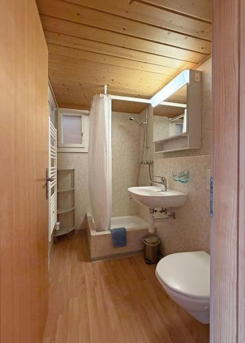 a bathroom with a sink and a toilet at Chalet Bim Chilchli in Mürren