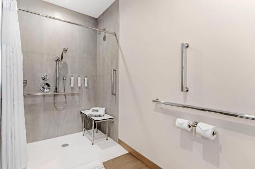 a white bathroom with a shower and a sink at Cambria Hotel Euless - DFW Airport South in Euless